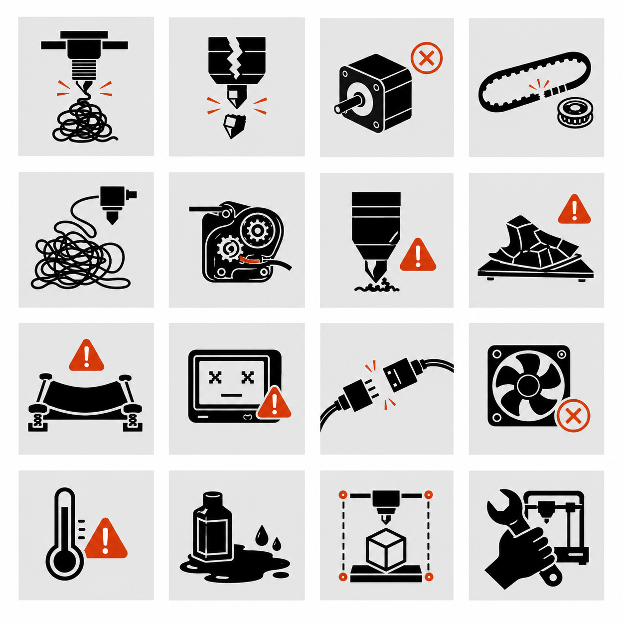 Common 3D printer failures including clogged hotends, failed motors, stuck filament and firmware problems